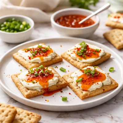 Crackers with cream cheese and sweet chili sauce