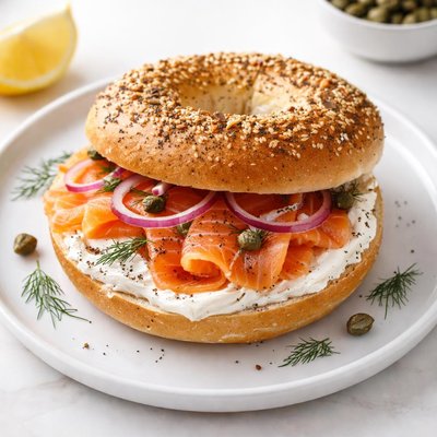Cream cheese and salmon bagel
