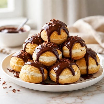 Cream puffs with chocolate sauce