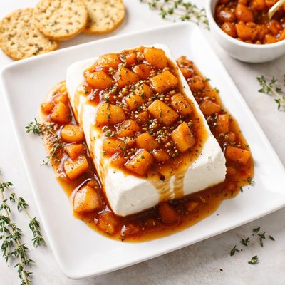 Creamcheess with heb peach bourbon sauce