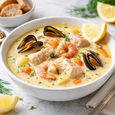 Creamy fish soup with seafood
