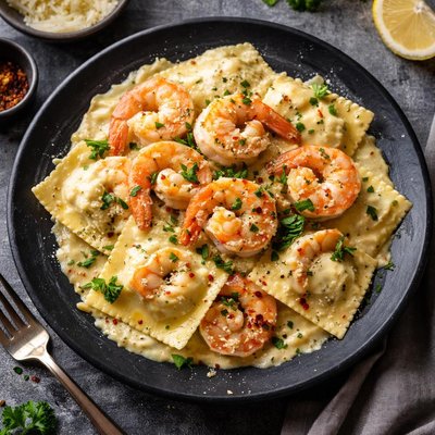Creamy garlic shrimp with ricotta ravioli