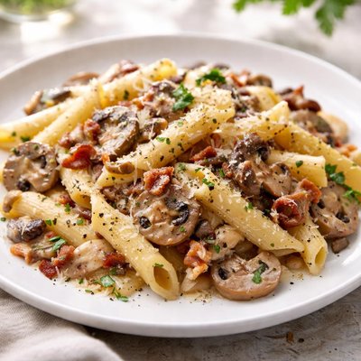 Creamy mushroom penne carbonara
