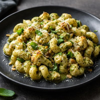 Creamy pesto cauliflower cavatappi