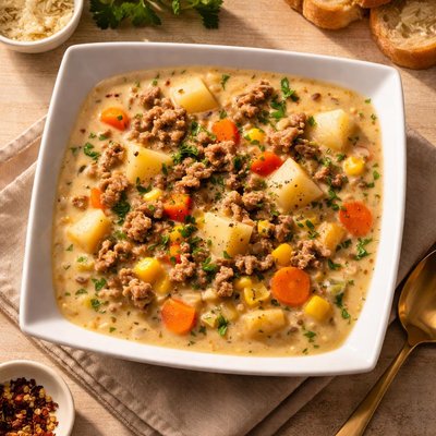 Creamy potato and hamburger vegetable soup
