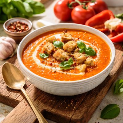 Creamy roasted tomato and red pepper soup