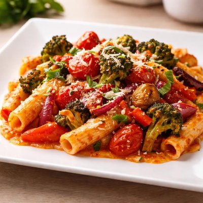 Creamy tomato pasta with roasted veggies