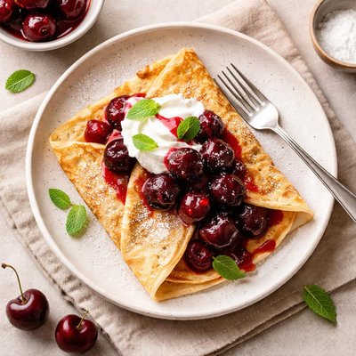 Crepe with cherries and cream