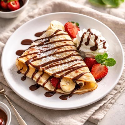 Crepe with chocolate drizzle and whipped cream