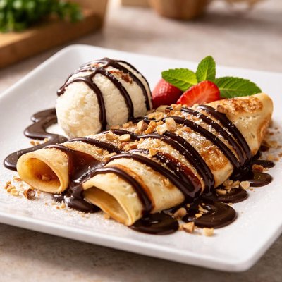 Crepe with chocolate sauce and ice cream