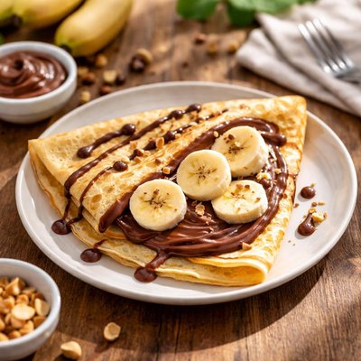Crepe with chocolate spread and banana slices
