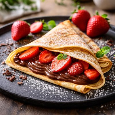 Crepe with chocolate spread and strawberries