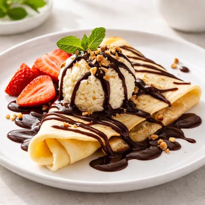Crepe with ice cream and chocolate sauce
