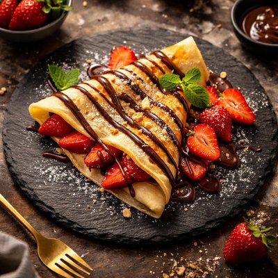 Crepe with strawberries and chocolate drizzle