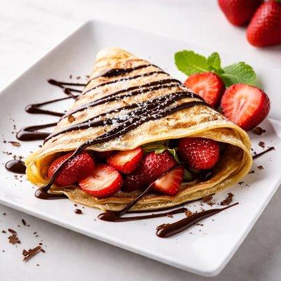 Crepe with strawberry and chocolate sauce