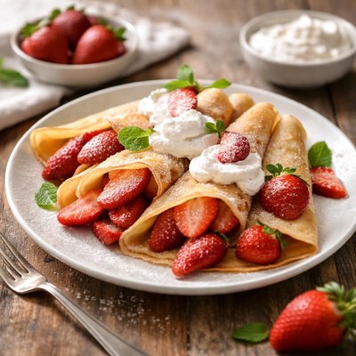 Crepes with strawberries and whipped cream