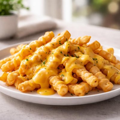 Crinkle-cut fries with cheese sauce