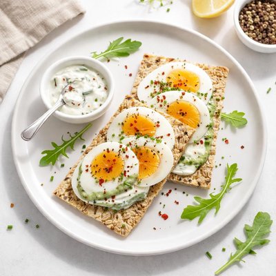 Crispbread with boiled eggs and sauce