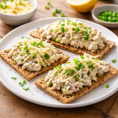 Crispbread with chicken salad and shredded cheese