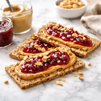 Crispbread with peanut butter and jam