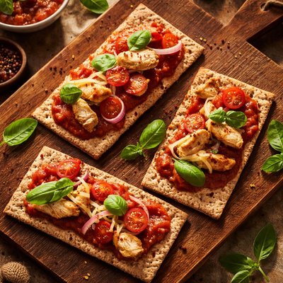 Crispbread with tomato sauce and chicken