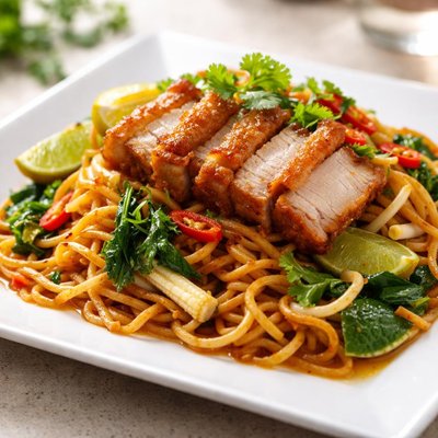 Crispy pork thai noodles