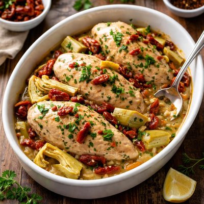 Crockpot chicken breast with artichokes and sun dried tomatoes