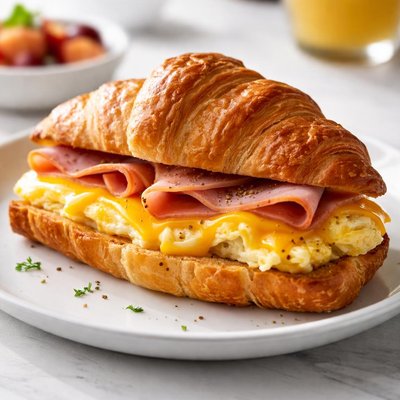 Croissant egg ham and cheese sandwich