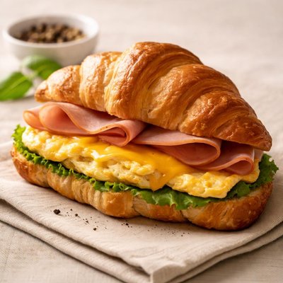 Croissant sandwich with egg and ham