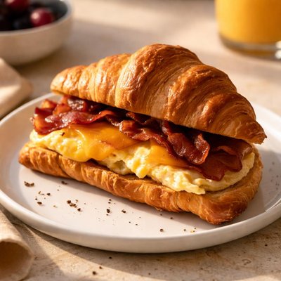Croissant sandwich with eggs and bacon