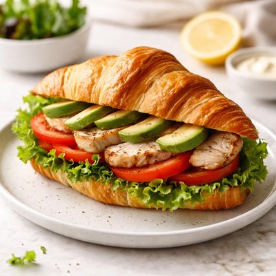 Croissant sandwich with lettuce and chicken