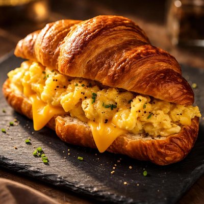 Croissant sandwich with scrambled eggs and cheese