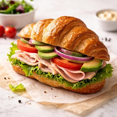 Croissant sandwich with turkey and vegetables
