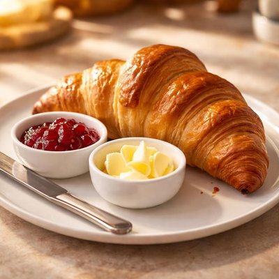Croissant with butter and jam