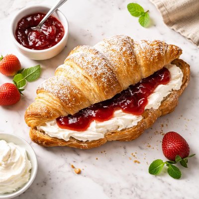 Croissant with cream and jam