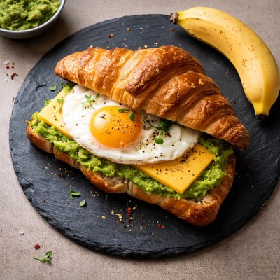带一个鸡蛋和鳄梨酱的新年月饼和一个车达芝士块和香蕉