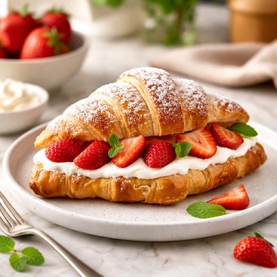 Croissant with strawberries and cream
