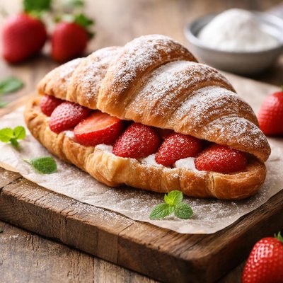 Croissant with strawberries and powdered sugar