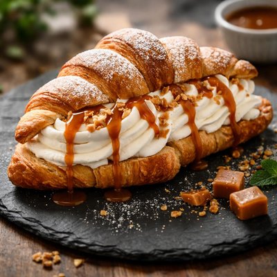 Croissant with whipped cream and caramel sauce