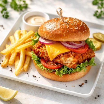 Crumbed chicken cheese burger