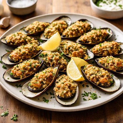 Crumbed garlic mussels