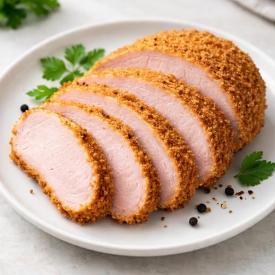 Crumbed ham sliced