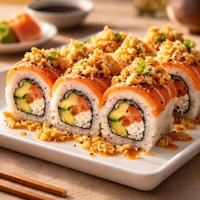 Crunchy salmon roll sushi