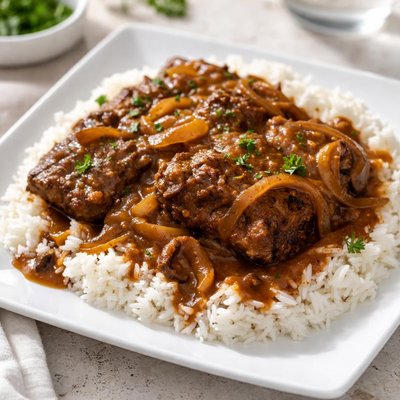 Cube steak and gravy with rice