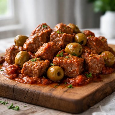 Cubed boneless flanken beef in a red sauce with olives