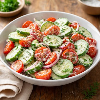 Cucumber and tomato salad with creamy dressing
