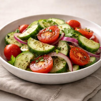 Cucumber and tomato salad with olive oil and vinegar
