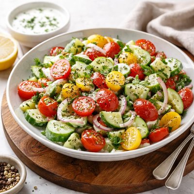 Cucumber and tomato salad with yogurt dressing