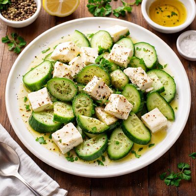 Cucumber feta with olive oil drizzle and pepper