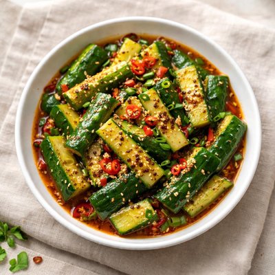 Cucumber slices in spicy sauce